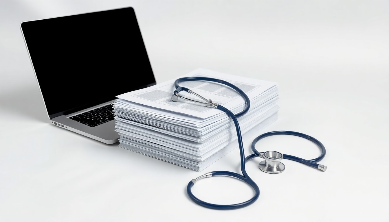 A minimalist, photorealistic studio still life featuring a stack of medical files, a laptop, and a stethoscope arranged on a clean white background, symbolizing Aledade's focus on technology, data, and patient-centered care.