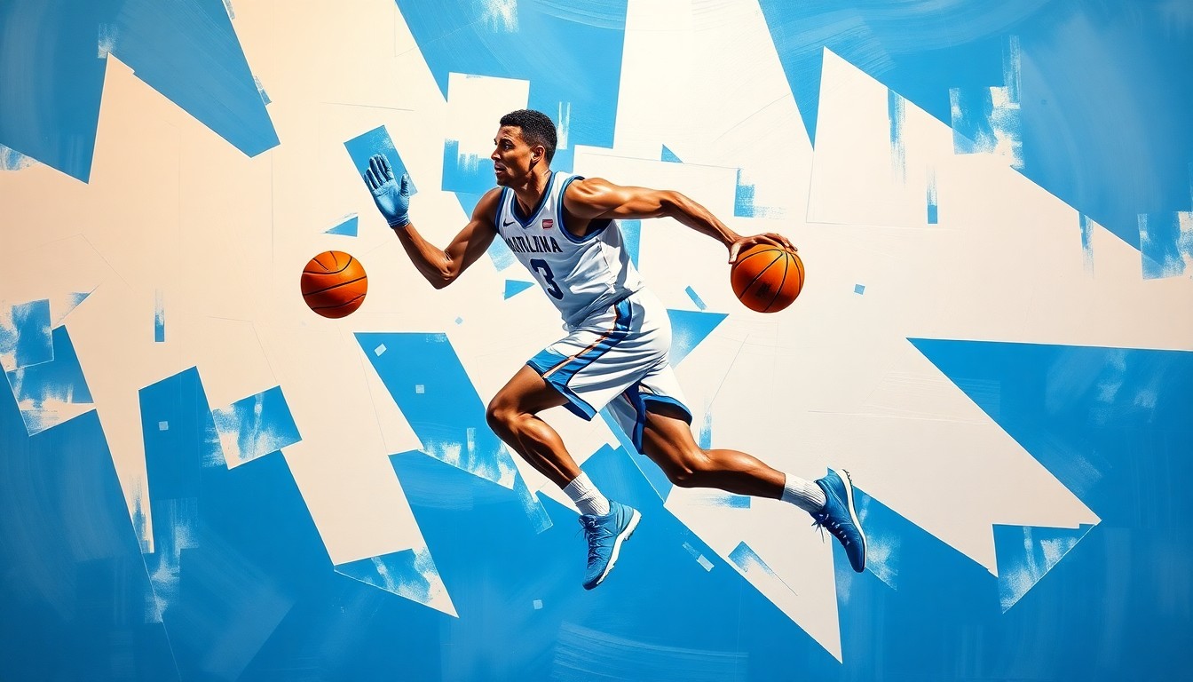 A fragmented, cubist-style painting depicting a college basketball player in motion, with sharp geometric shapes and planes in shades of blue, white, and black.