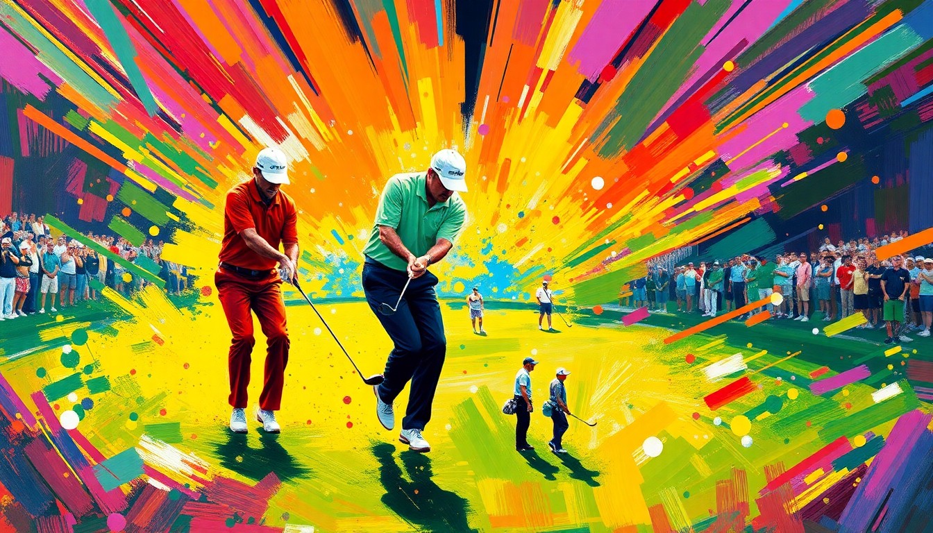 A dynamic, abstract painting featuring bold, sweeping brushstrokes in neon greens, blues, and oranges, capturing the energy and motion of professional golfers competing at the Masters tournament.
