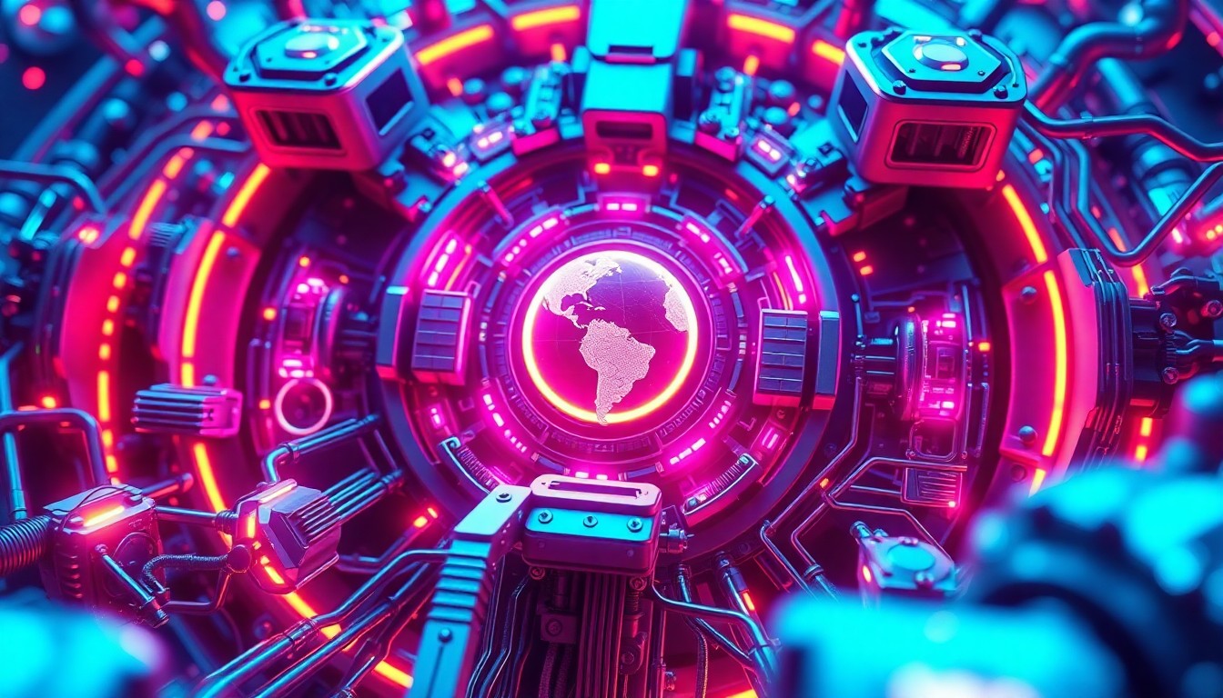 A highly detailed, glowing 3D macro illustration of a futuristic, neon-lit AI world simulation engine, with intricate cybernetic components and pulsing energy fields, conceptually representing the technological advancements that enable real-time generative worlds to run on everyday hardware.