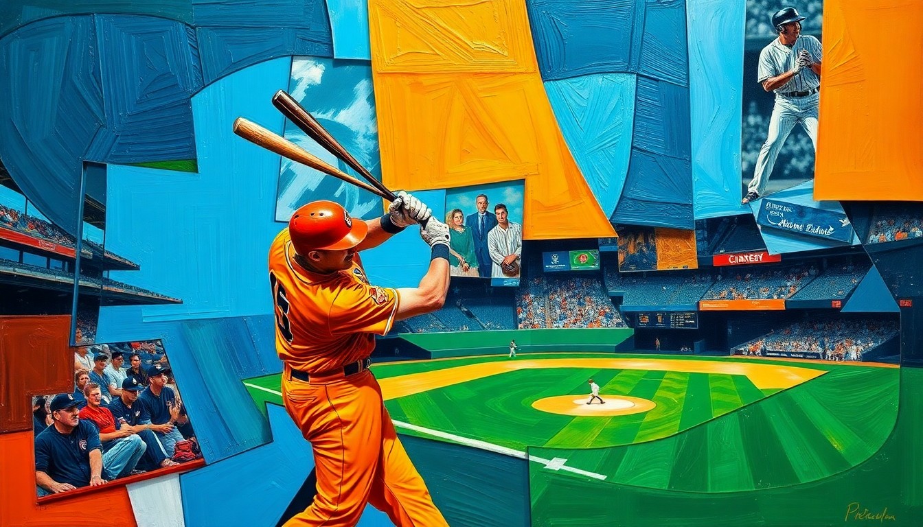 A fractured, cubist-style painting depicting a baseball player in motion, with their body broken down into sharp, overlapping geometric shapes and planes in a vibrant color palette.