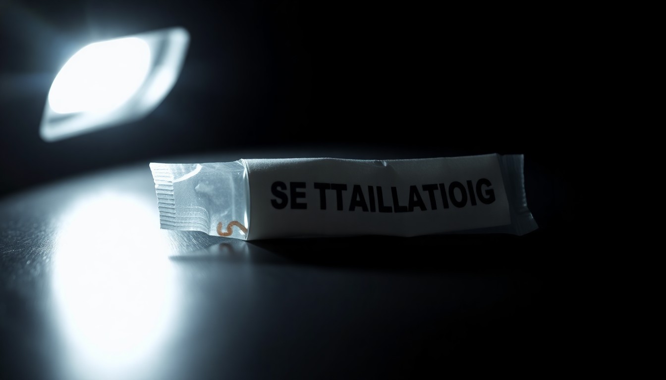 An extreme close-up photograph of a single piece of physical evidence related to a sex trafficking crime, lit by a harsh, direct camera flash against a pitch-black background, conveying the gritty, investigative nature of this type of crime without depicting any violence.