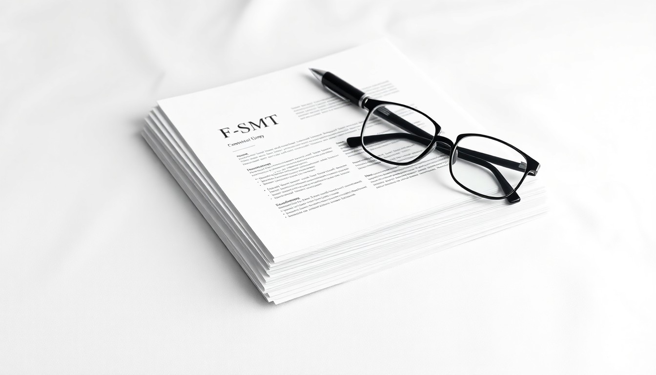 A photorealistic studio still life featuring a stack of legal documents, a pen, and a pair of reading glasses arranged on a clean white background, symbolizing the abstract corporate strategy and legal process behind a merger investigation.