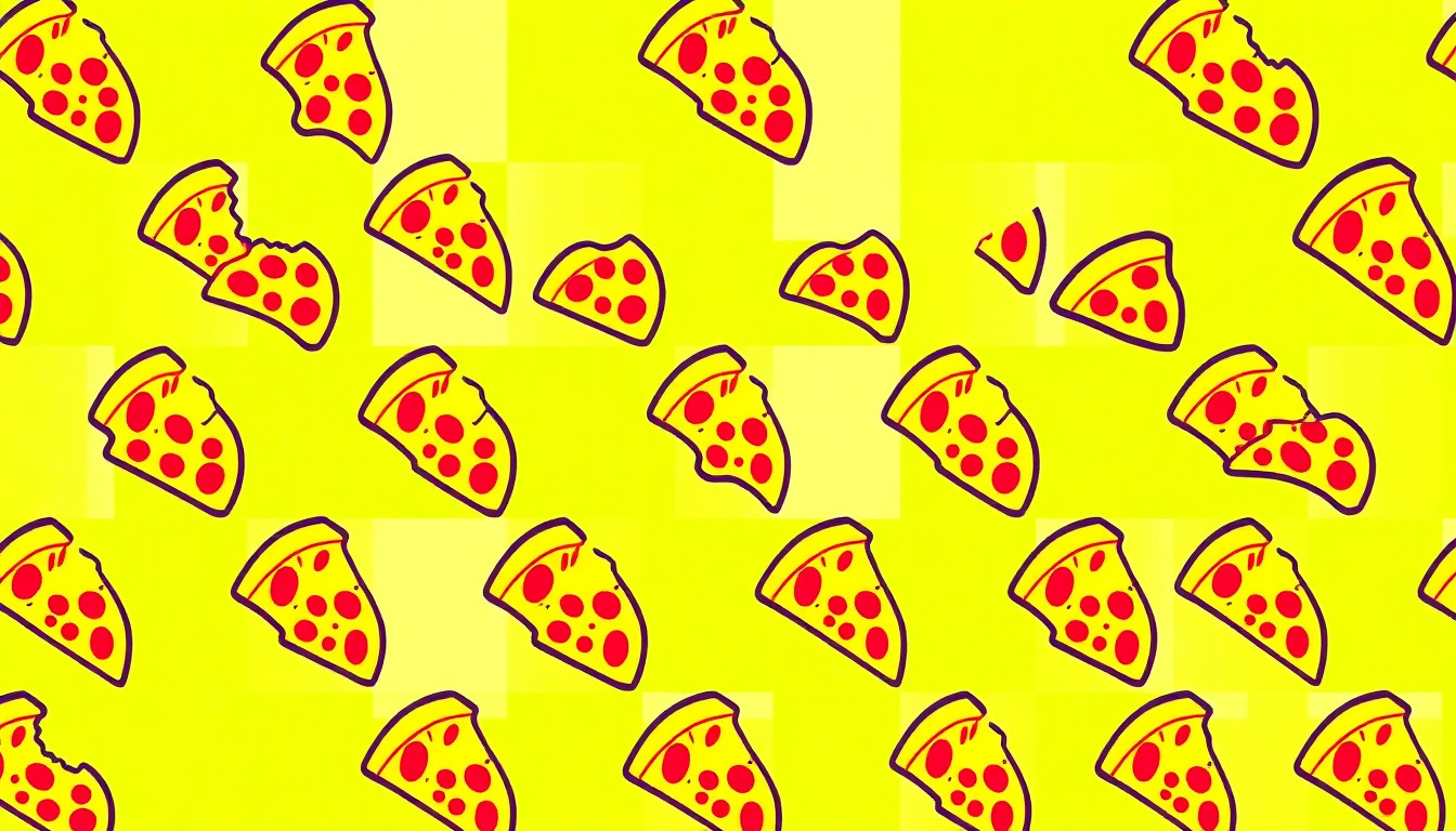 A vibrant, high-contrast silkscreen print of a single, iconic Italian food item such as a pizza slice or pasta dish, repeated in a tight grid pattern in bold, neon colors and heavy black outlines, capturing the celebratory spirit of Abruzzi Ristorante's recognition as the best Italian restaurant in the region.