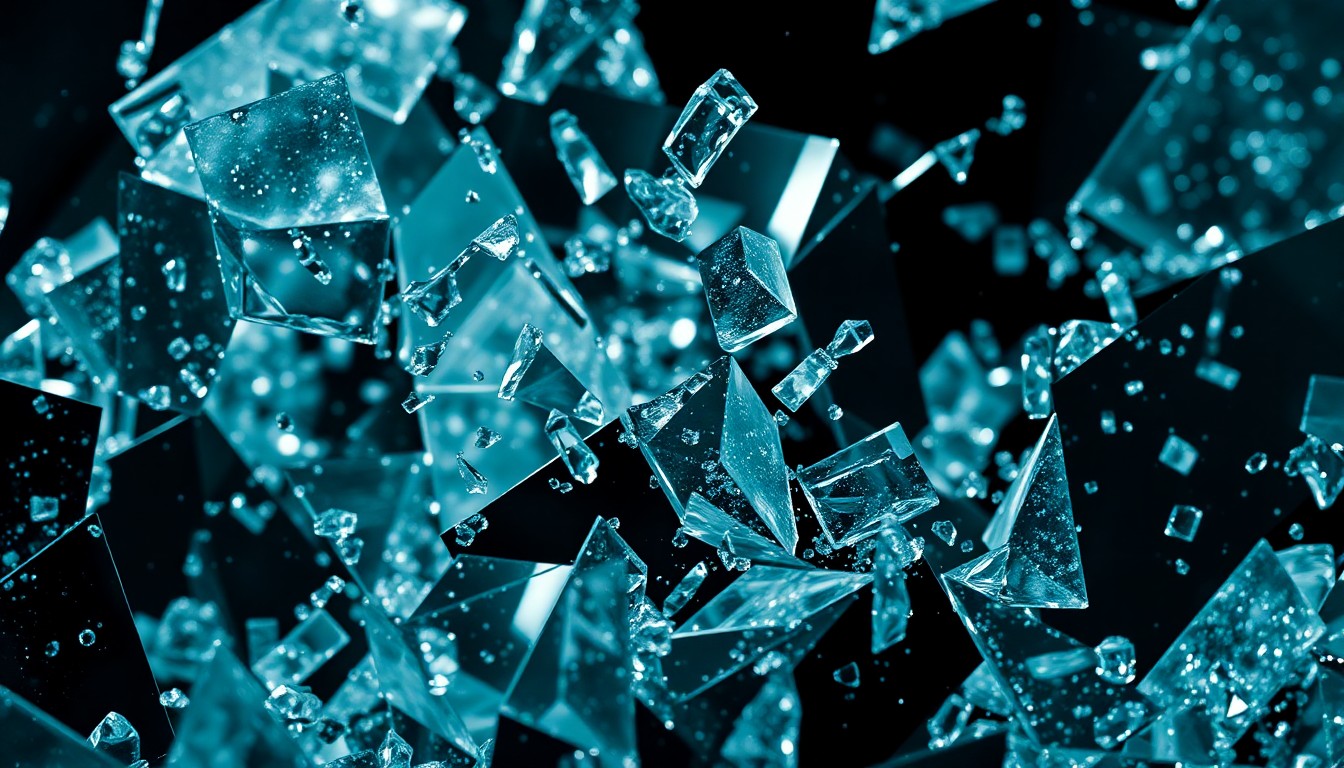 An abstract close-up photograph featuring dramatic, high-contrast lighting on shattered glass and glittering shards, conceptually representing the fragmented and complicated nature of Holden's family history.
