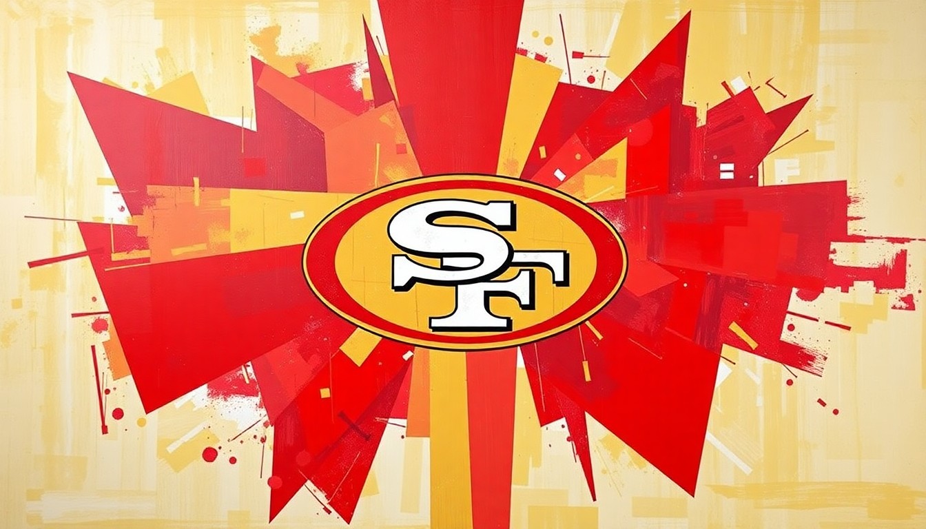 A cubist, geometric painting in shades of red and gold, abstractly representing the San Francisco 49ers' 80-year history through fragmented, overlapping shapes and planes.