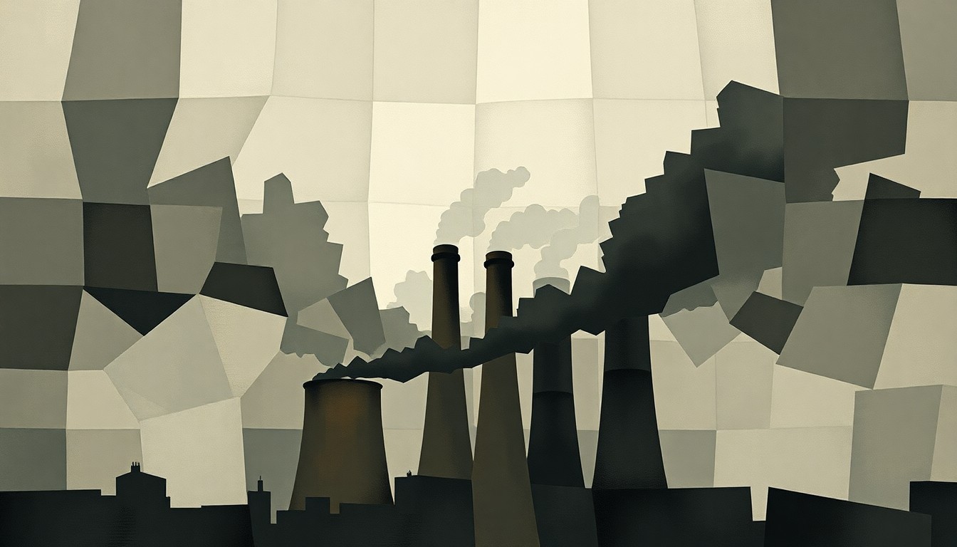 A fractured, abstract painting depicting the smokestack of a coal power plant emitting dark plumes of smoke, with the image repeated in overlapping geometric waves of muted greys, browns, and blacks, conveying a sense of industrial decay and environmental harm.