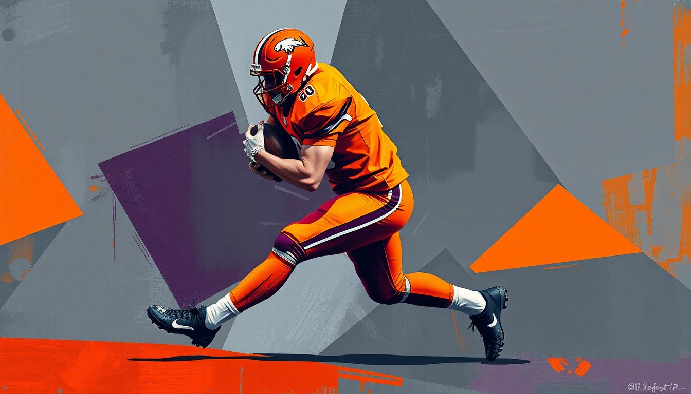 A fragmented, geometric painting showing a football player in the midst of a pass rushing move, with sharp, overlapping planes of dark grey, orange, and purple conveying the raw power and energy of elite edge defense.