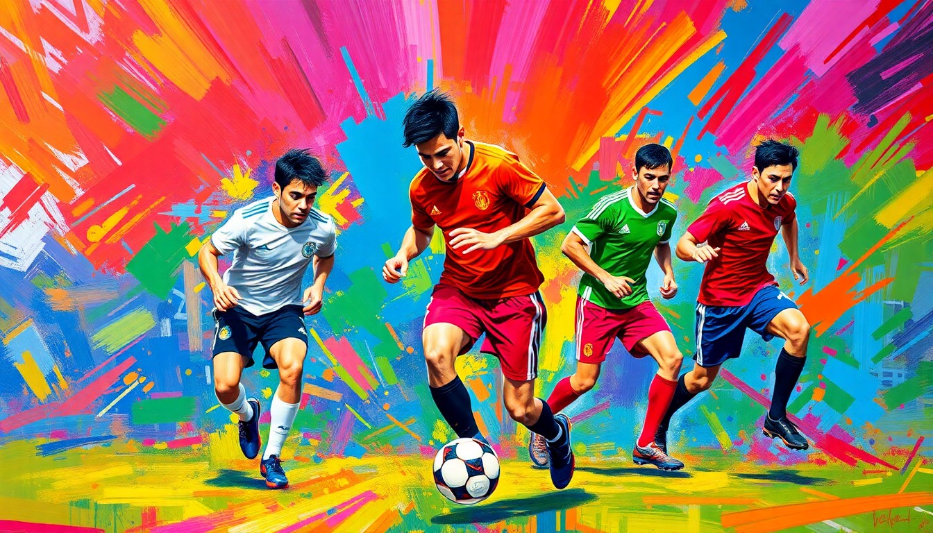 An abstract, energetic painting featuring bold brushstrokes in neon shades of orange, pink, and blue, capturing the dynamic movements and passion of a group of soccer players training together.