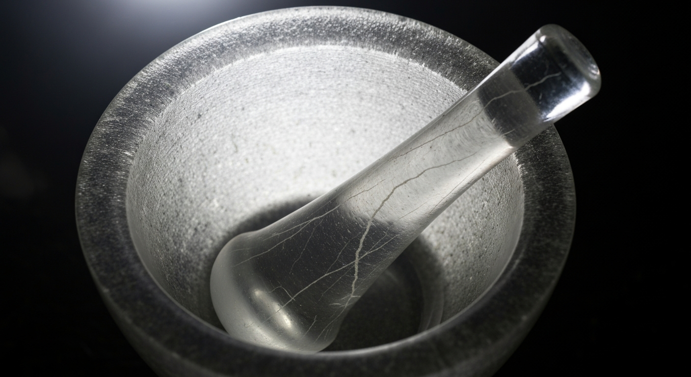 A ghostly, translucent X-ray image of a mortar and pestle, the classic symbols of pharmacy, glowing against a dark background and conceptually representing the professional development of pharmacists.