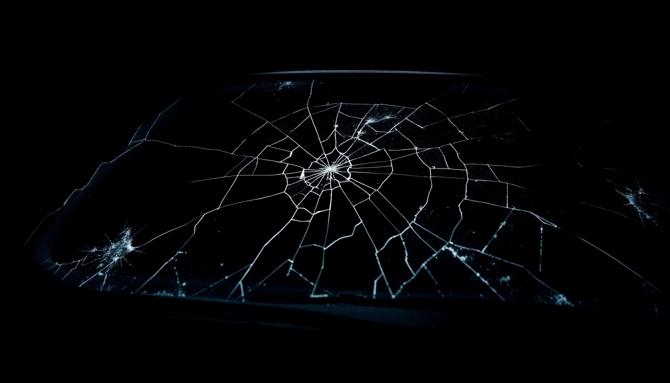 An extreme close-up photograph of a cracked and damaged car windshield, conceptually illustrating the aftermath of a high-speed police chase and the dangers of reckless driving.