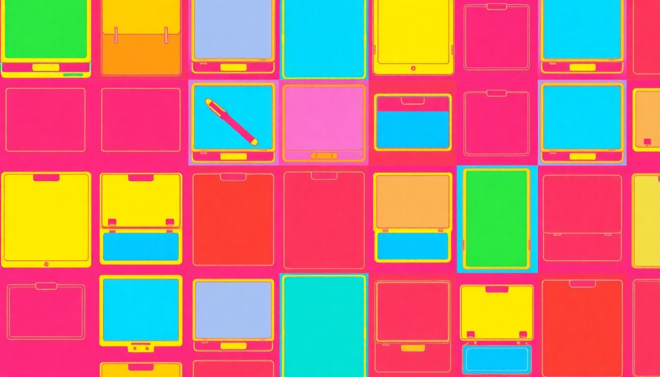 A bold, silkscreen-style illustration featuring a repeating pattern of a stylized school building object, rendered in a vibrant neon color palette with heavy black outlines, capturing the concept of infrastructure upgrades for the local school district.