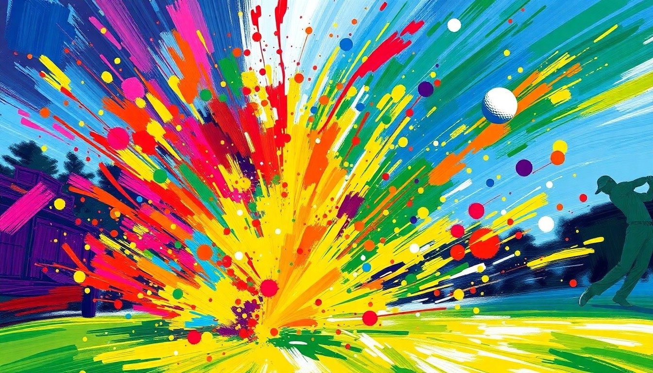 An abstract, expressionist painting featuring bold, sweeping brushstrokes in neon greens, oranges, and blues, capturing the dynamic motion and energy of a high school golf tournament.