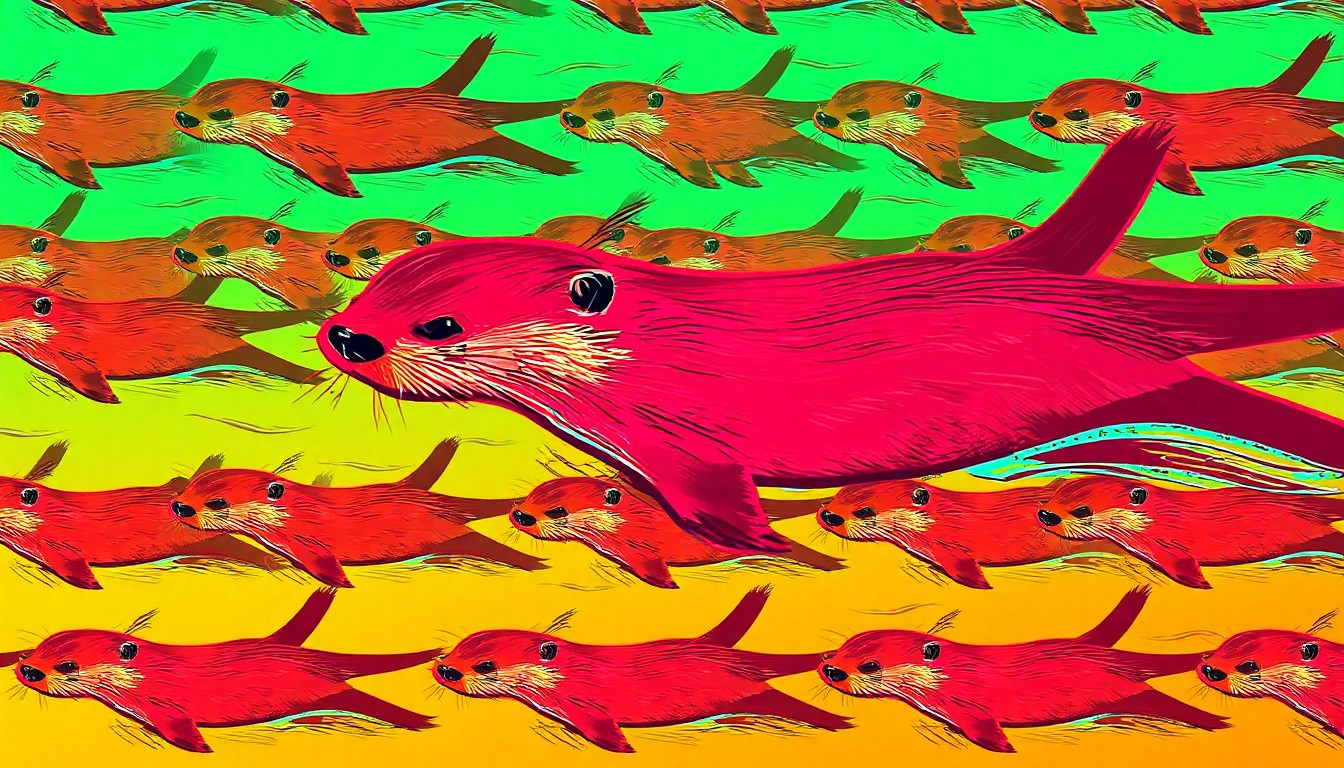 A highly stylized, silkscreen-like illustration featuring a repeating pattern of a river otter swimming in a Kansas river, rendered in a bold, neon color palette that transforms the endangered animal into a modern pop art icon.