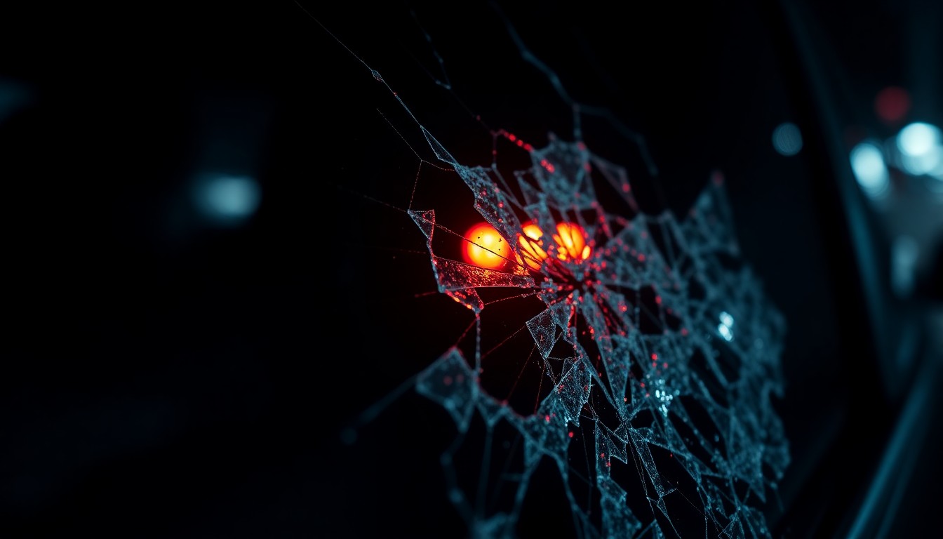 An extreme close-up of a shattered car sensor lens reflecting a faint red light, conceptually illustrating the aftermath of a violent crime.