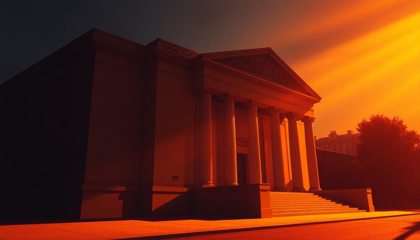 A photorealistic painting of the exterior of a grand, classical stone courthouse building with tall columns and arched windows, the facade bathed in warm, golden sunlight with deep shadows, conveying a sense of civic gravitas and judicial authority.