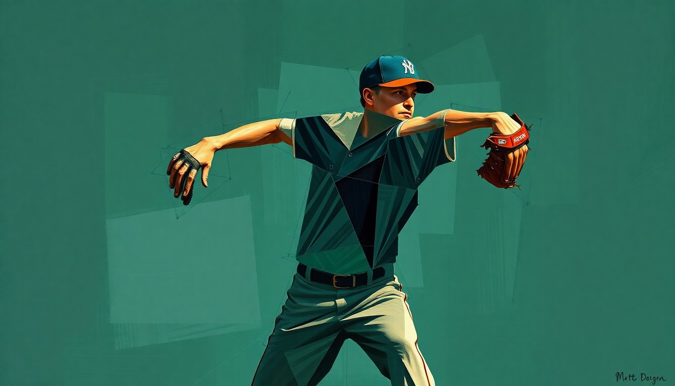 A fragmented, geometric painting depicting a baseball pitcher's throwing motion broken down into overlapping planes of navy, green, and orange, conveying the intricate physical demands of the sport and the challenges of recovering from a major elbow injury.