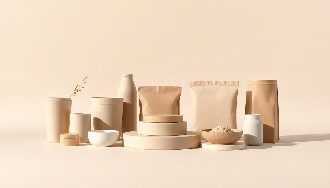 A photorealistic studio still life featuring a collection of sleek, geometric sustainable foodservice products arranged elegantly on a clean, monochromatic background, conceptually representing the company's focus on innovation and quality in eco-friendly packaging.