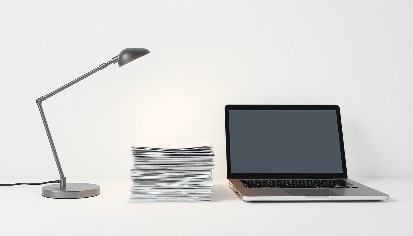 A high-end, photorealistic studio still-life photograph featuring a sleek, modern desk lamp, a stack of business documents, and a laptop computer on a clean, monochromatic background, conceptually representing the abstract concepts of venture capital, technology investment, and sustainable business practices.