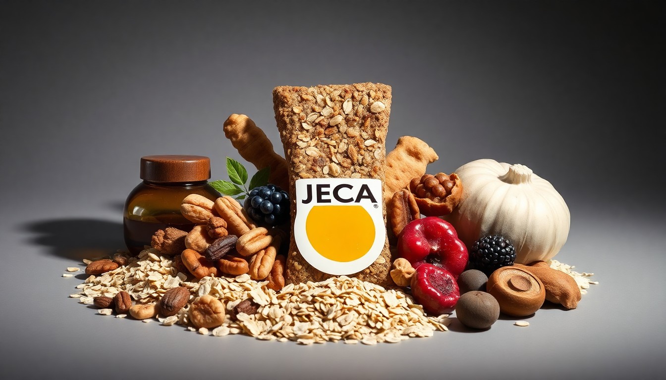 A photorealistic studio still life featuring an artful arrangement of premium natural ingredients used to make energy bars, including oats, nuts, dried fruit, and honey, all set against a clean, monochromatic background with dramatic lighting and deep shadows.