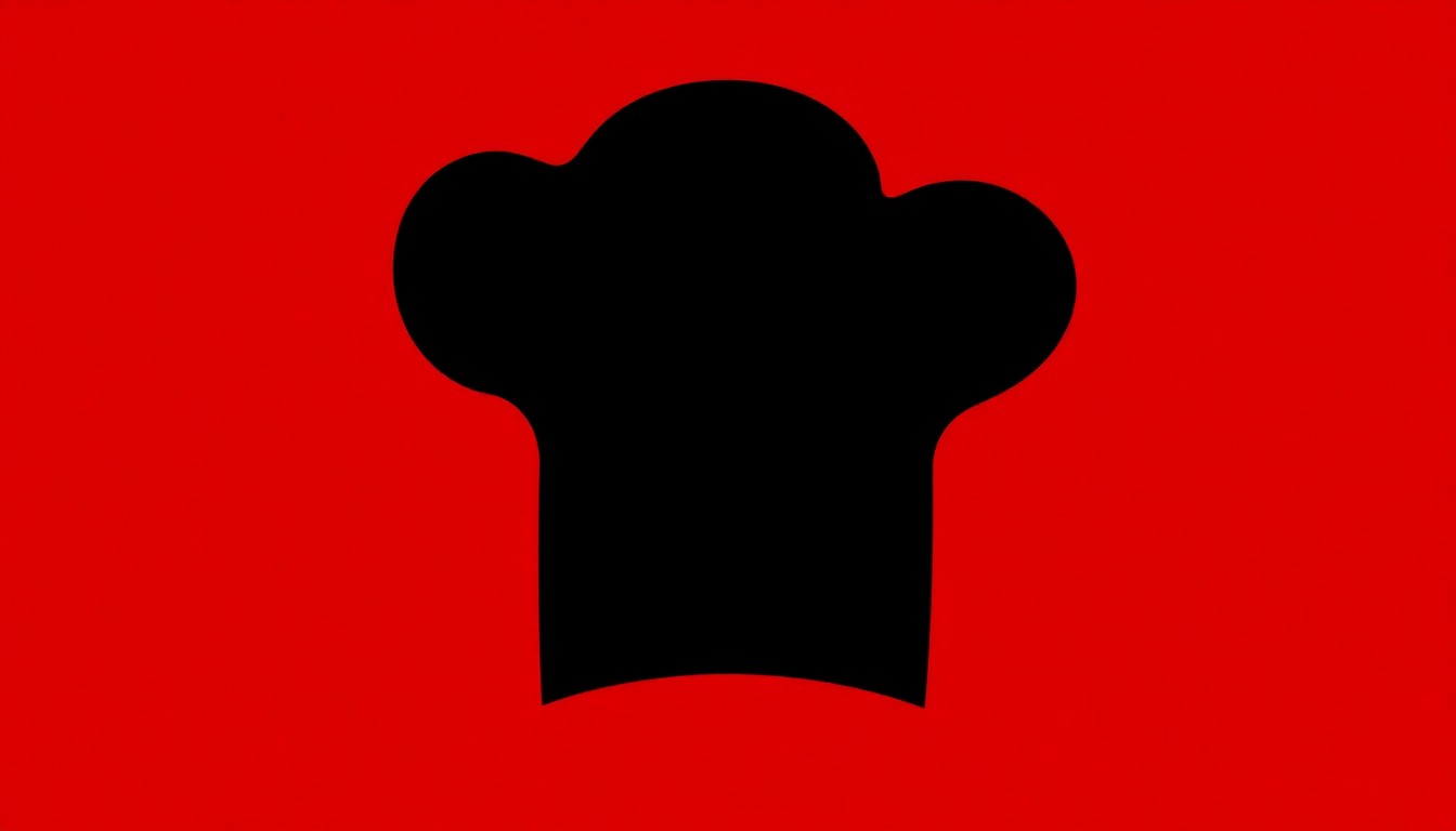 A dramatic black silhouette of a chef's toque hat set against a vibrant red background, conveying the concept of a rising culinary talent making their mark.
