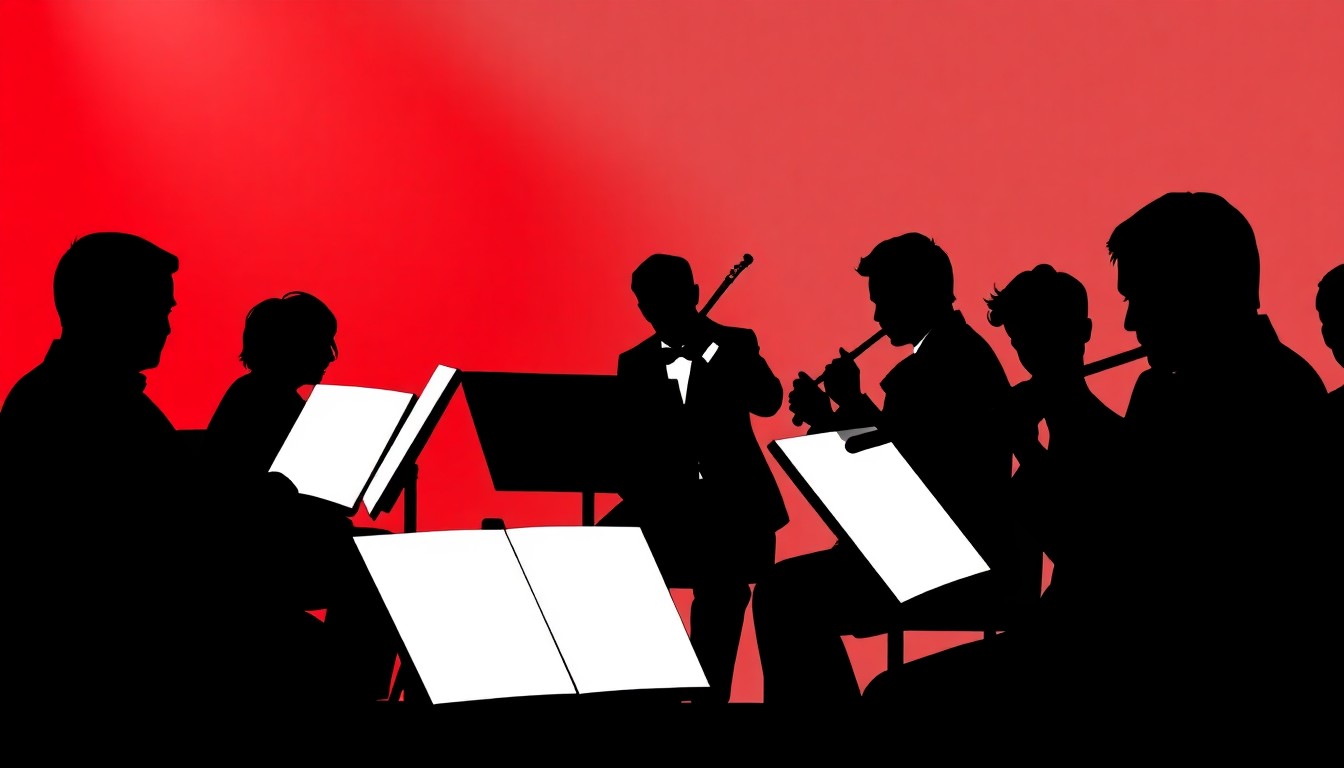 An abstract composition of jagged black silhouettes and bold red and white shapes, conceptually representing a symphony orchestra performance without using any literal imagery.