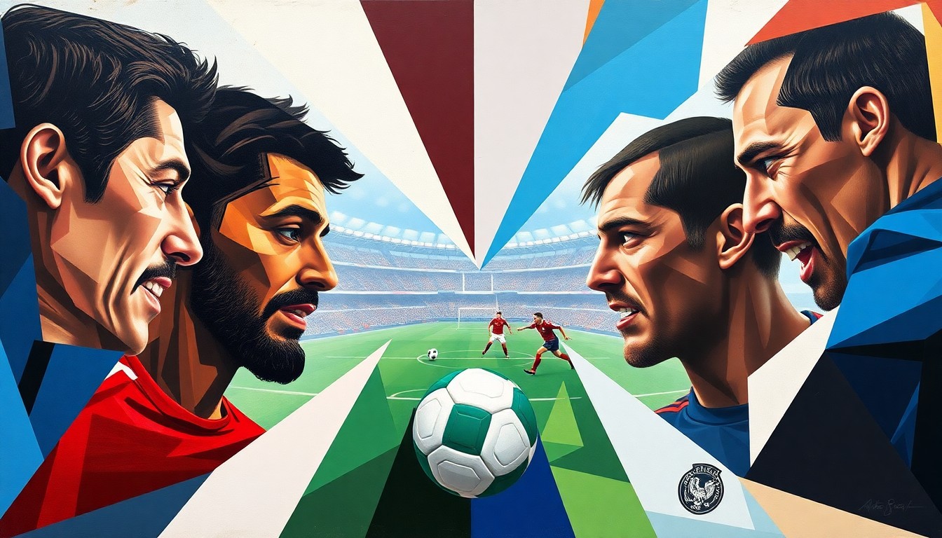 A fractured, geometric painting depicting a soccer match, with the players' forms broken down into abstract shapes and colors, conveying the complex emotions and divided loyalties of Iranian American fans.