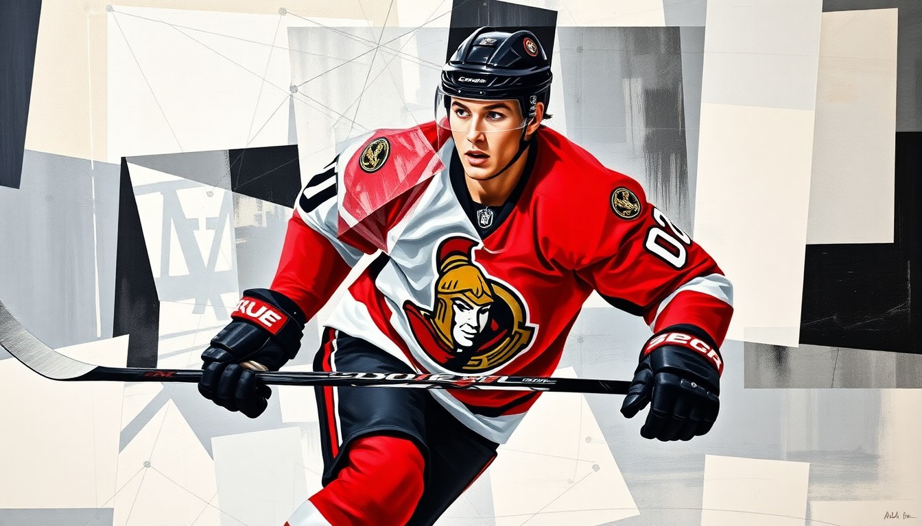 A cubist-style painting depicting a hockey player in motion, with their jersey and equipment broken down into sharp, overlapping geometric shapes and planes of color, creating a dynamic and abstract visual representation of the sport.