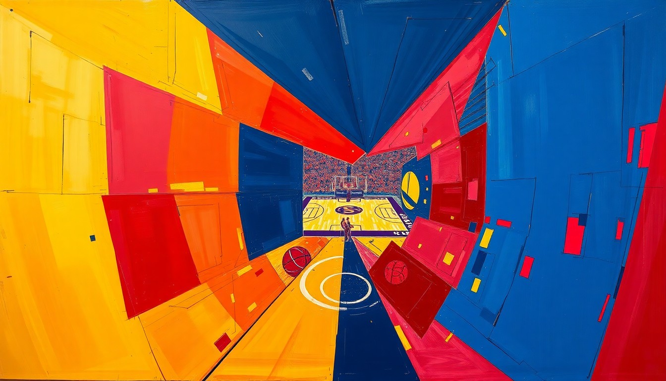 A cubist-style painting featuring overlapping geometric shapes and planes in navy, red, and gold, conceptually representing the dynamic and multifaceted nature of the next era of college basketball coaching.