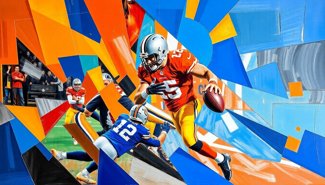 A fractured, geometric painting depicting a quarterback in motion, with sharp planes of color and form capturing the energy and dynamism of the sport.
