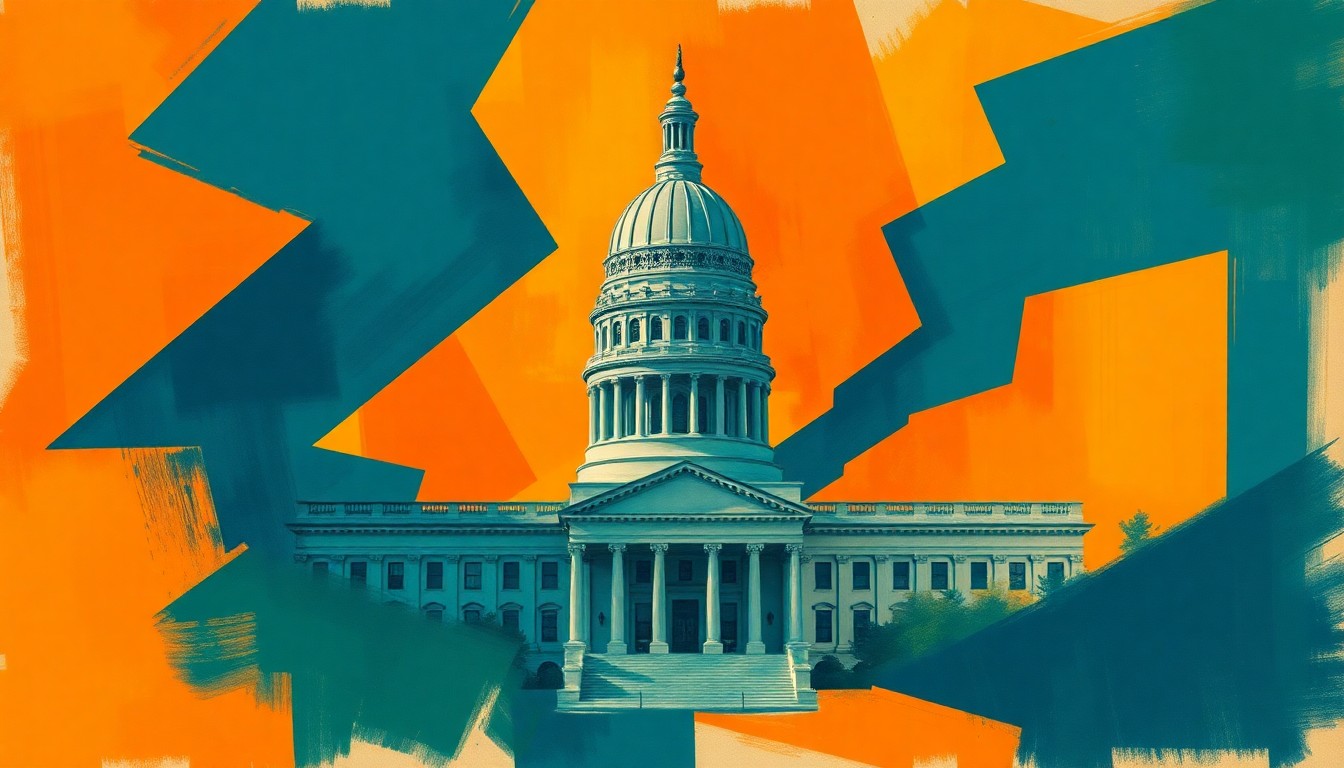 A dynamic, abstract painting featuring the Minnesota state capitol building in overlapping, geometric waves of deep blue, forest green, and burnt orange, conveying the uncertainty and urgency of the legislative session.