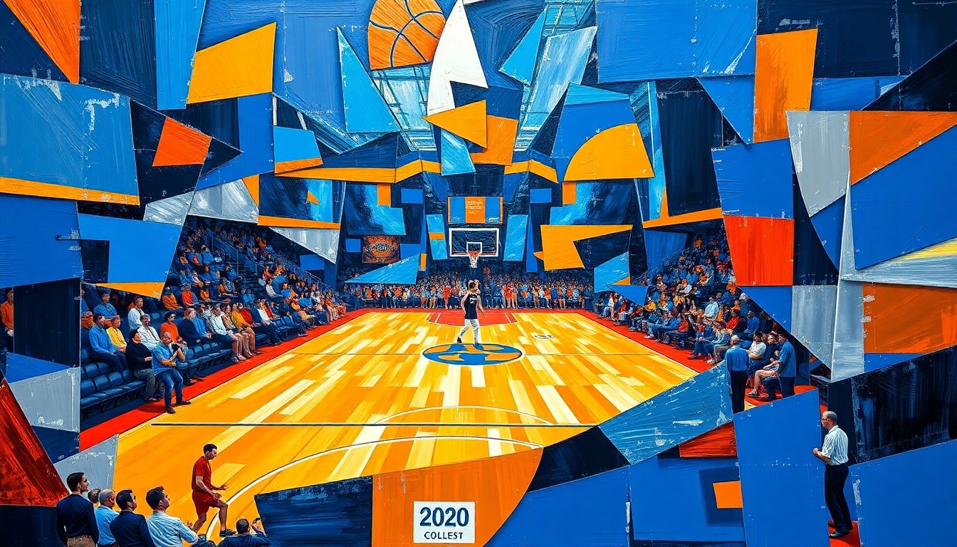A fragmented, cubist-style painting depicting the chaotic energy of a college basketball game, with sharp geometric shapes in shades of blue, orange, and silver overlapping to create a dynamic, abstract visual.