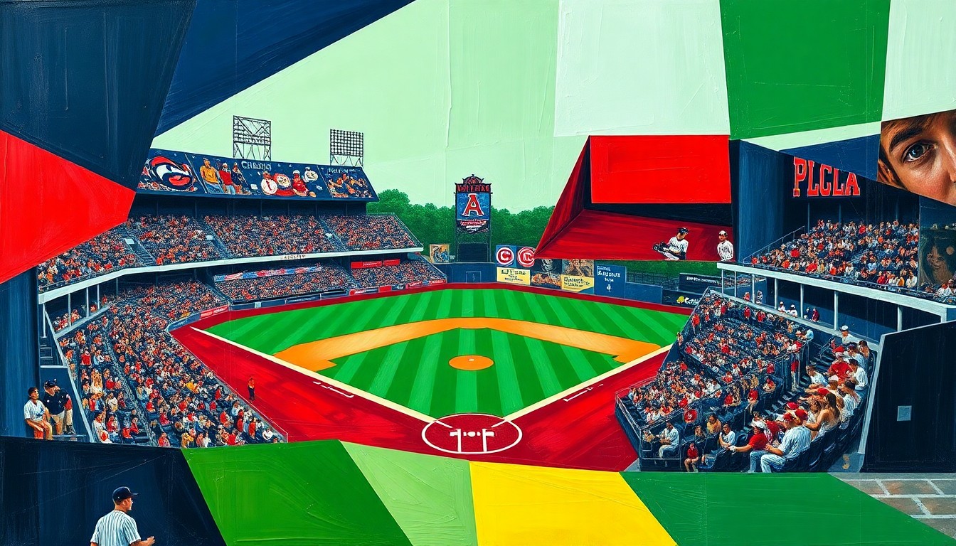 A fragmented, geometric painting depicting the dynamic action of a college baseball game, with overlapping planes of navy, green, and red conveying the competitive energy of the matchup.