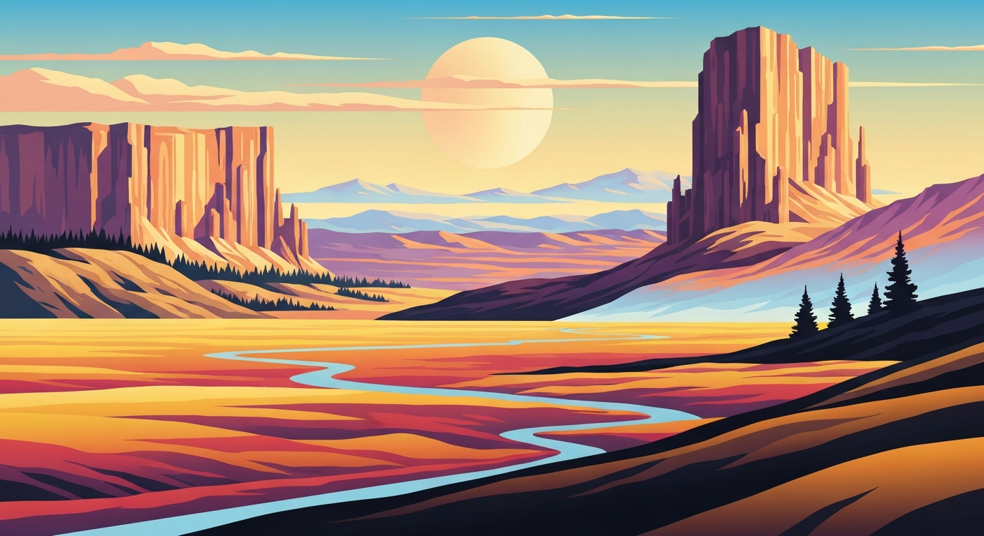 A bold, geometric illustration in the Art Deco style, featuring sweeping, airbrushed gradients and towering perspectives of Yellowstone's iconic natural landscapes, conveying the grand scale and romance of the park's reopening.