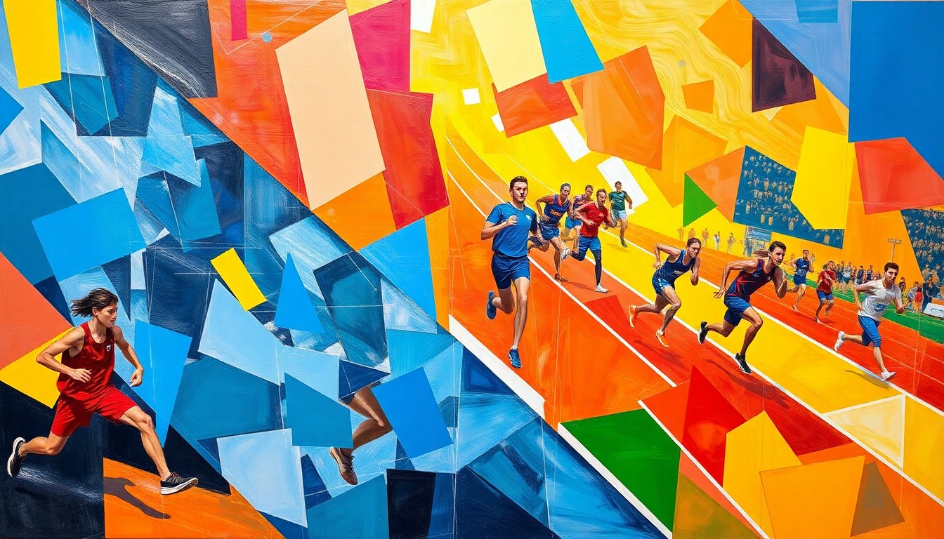 A fragmented, geometric painting depicting athletes in various stages of motion, with sharp planes of color and overlapping perspectives capturing the energy and intensity of a track and field competition.