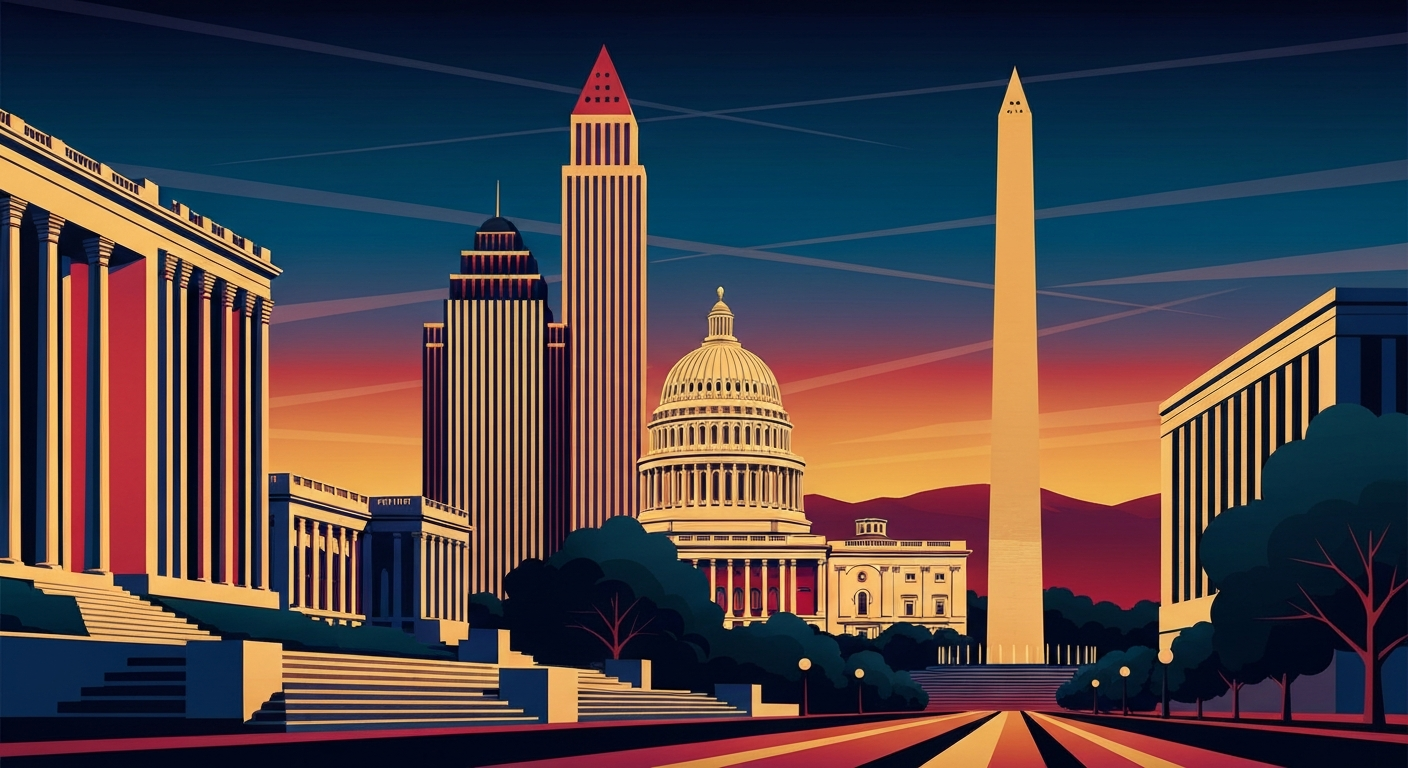 A bold, geometric illustration in the Art Deco style, featuring the iconic silhouettes of Washington, DC's most famous monuments and buildings against a vibrant, colorful backdrop, capturing the grand scale and celebratory mood of the upcoming 250th anniversary of American independence.