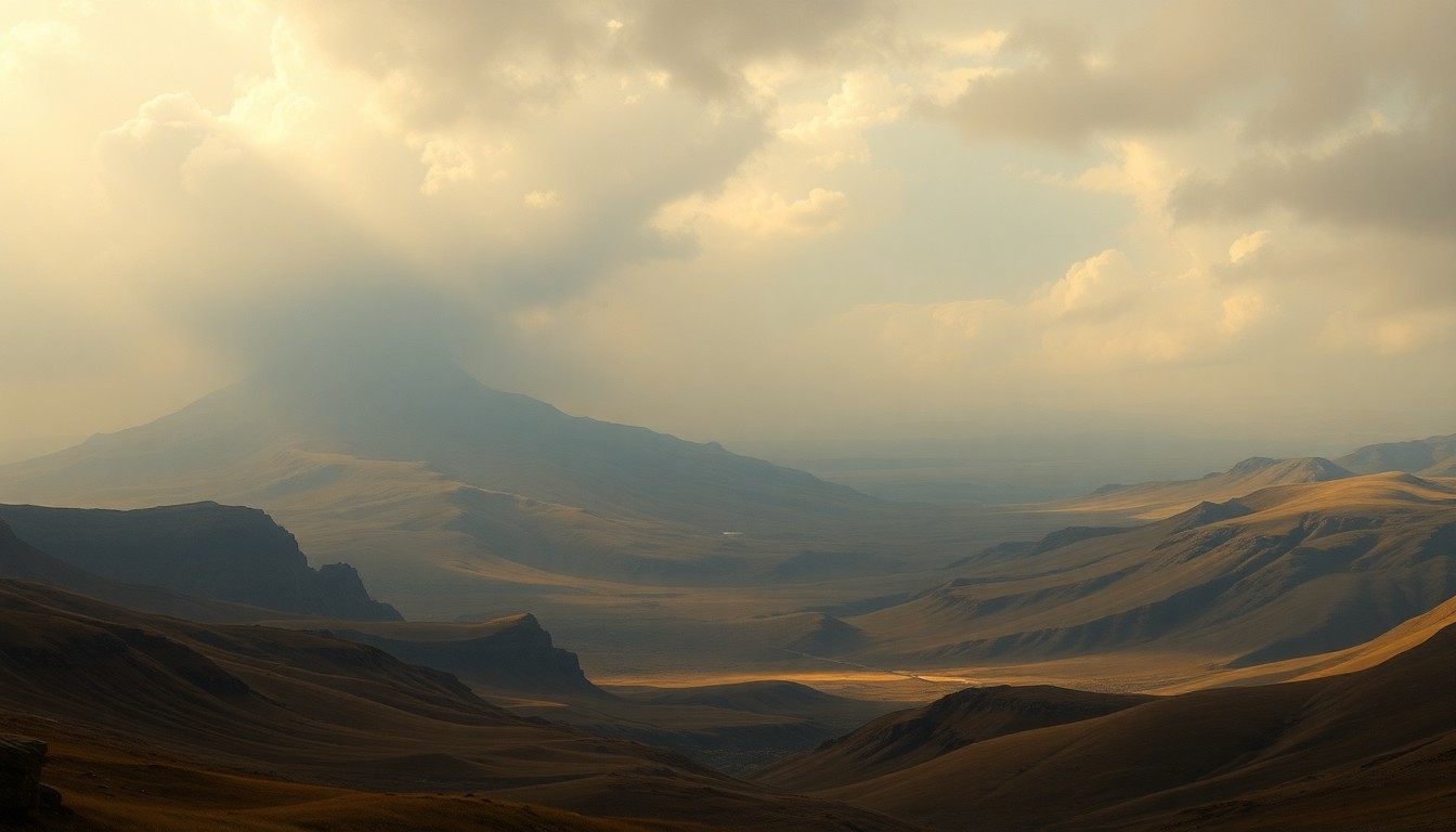 A sweeping, atmospheric landscape painting in muted tones of grey, brown, and blue, with a hazy horizon obscured by dramatic clouds. The scene conveys a sense of foreboding and the overwhelming power of nature.