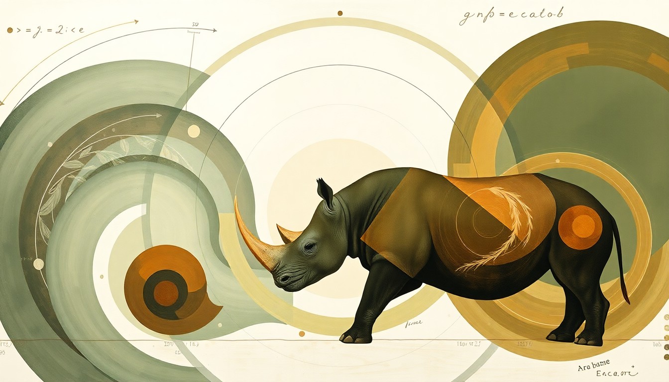 A highly textured, abstract painting in earthy tones of green, brown, and ochre, featuring sweeping geometric shapes and botanical spirals that conceptually represent the complex natural forces enabling the conservation of southern white rhinos.