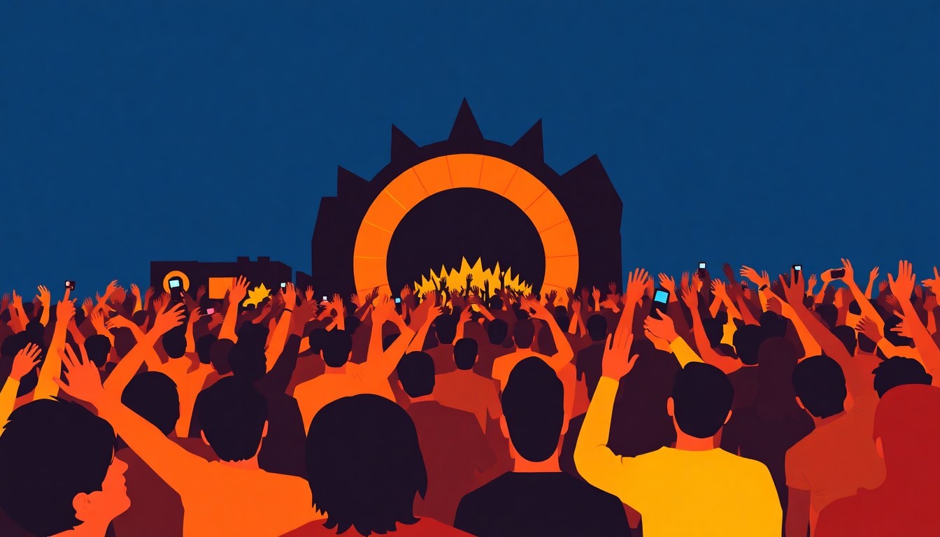 A dynamic abstract illustration featuring bold, angular shapes in shades of blue and yellow, conveying the energy and excitement of a lively music festival.