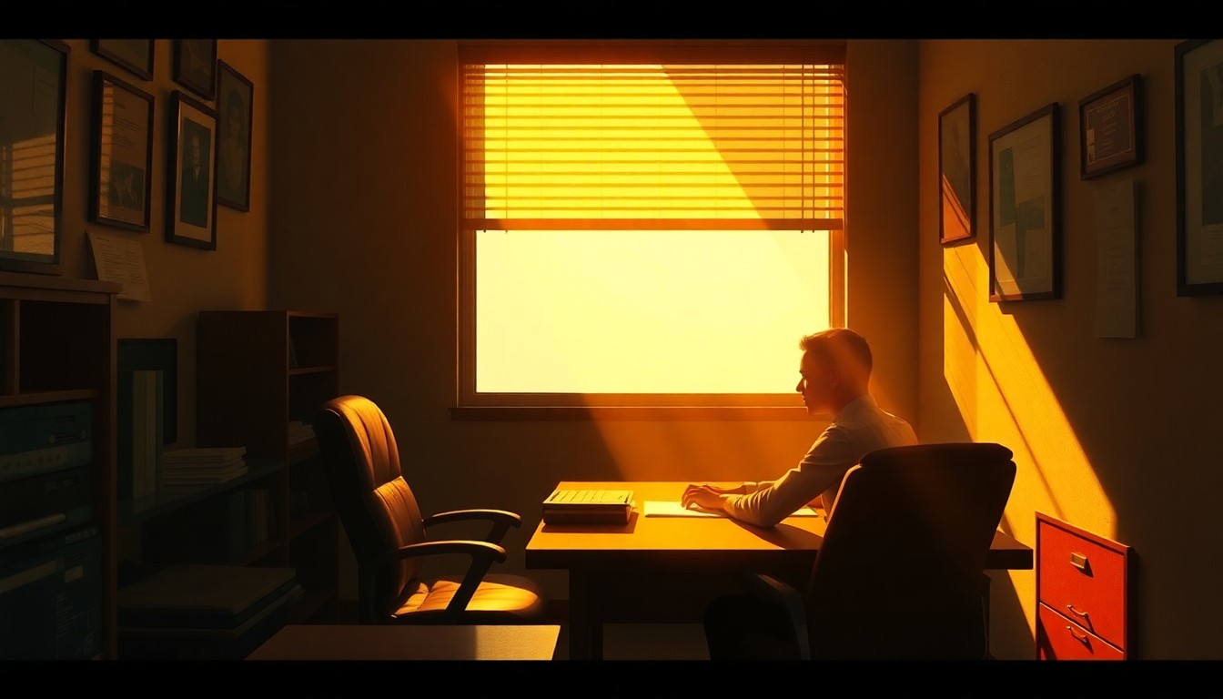 A softly lit, textured painting of a person working at a desk, the warm light and deep shadows creating a contemplative, cinematic mood that evokes the real-world impact of the new DACA licensing law.