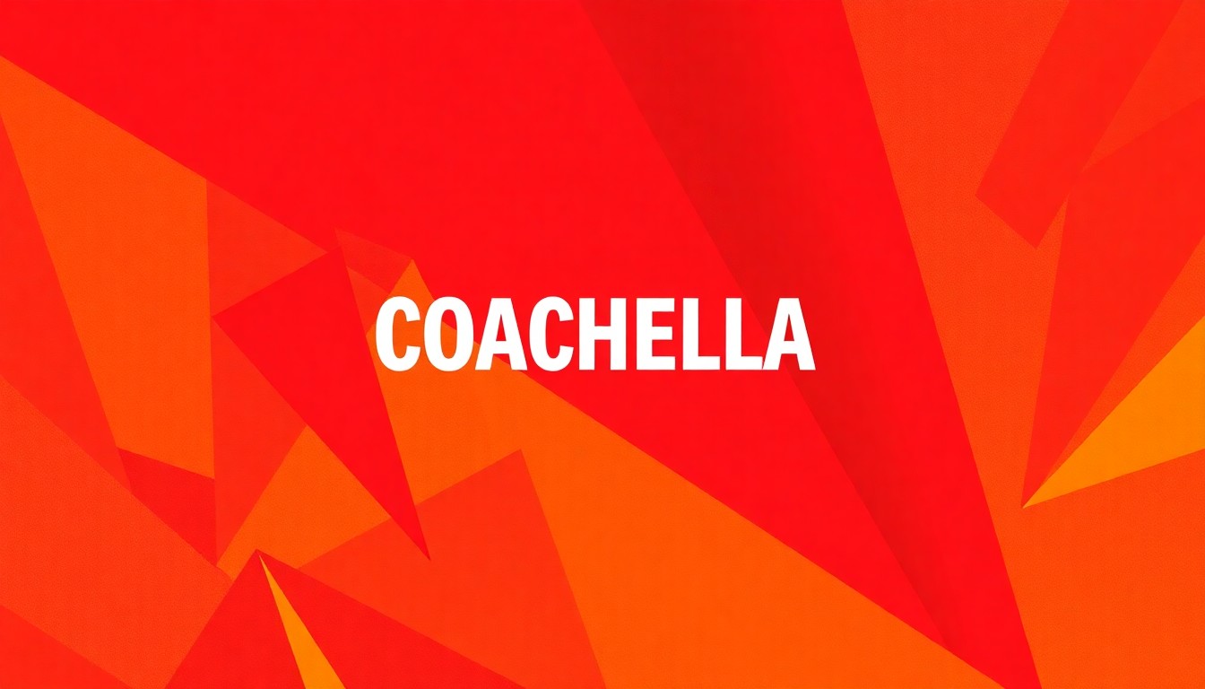 A bold, abstract composition of jagged, overlapping geometric shapes in vibrant shades of red, orange, and yellow, conceptually representing the energy and excitement of the Coachella music festival.