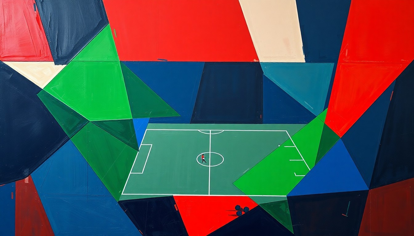 A cubist, geometric painting depicting a fragmented, multi-angled view of a football match, with sharp planes of navy, green, and red overlapping to create a dynamic, abstract composition.