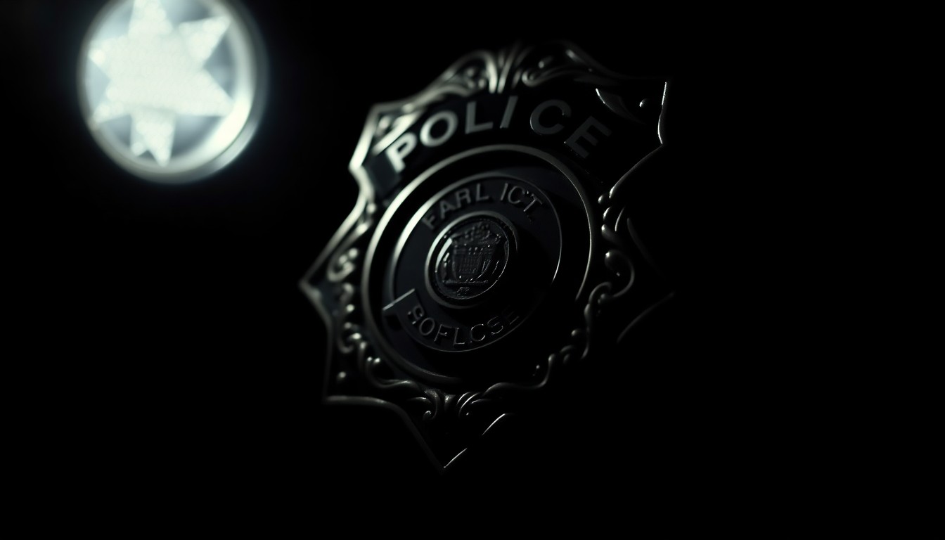 An extreme close-up photograph of a police badge or other law enforcement equipment, lit by a harsh, direct camera flash against a pitch-black background, creating a stark, gritty, investigative aesthetic.