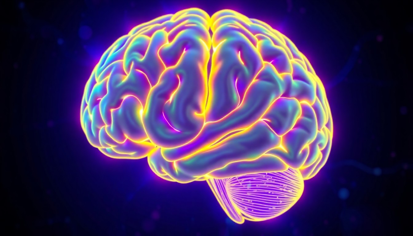 A highly detailed, glowing 3D illustration of a brain scan with pulsing neon blue and purple lights, conceptually representing the advanced AI technology used by Viz.ai to detect signs of stroke.