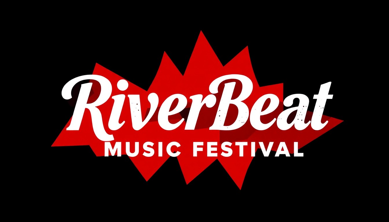 An abstract illustration composed of striking black and red geometric shapes, conveying the high-energy and diverse musical offerings of the RiverBeat Music Festival.