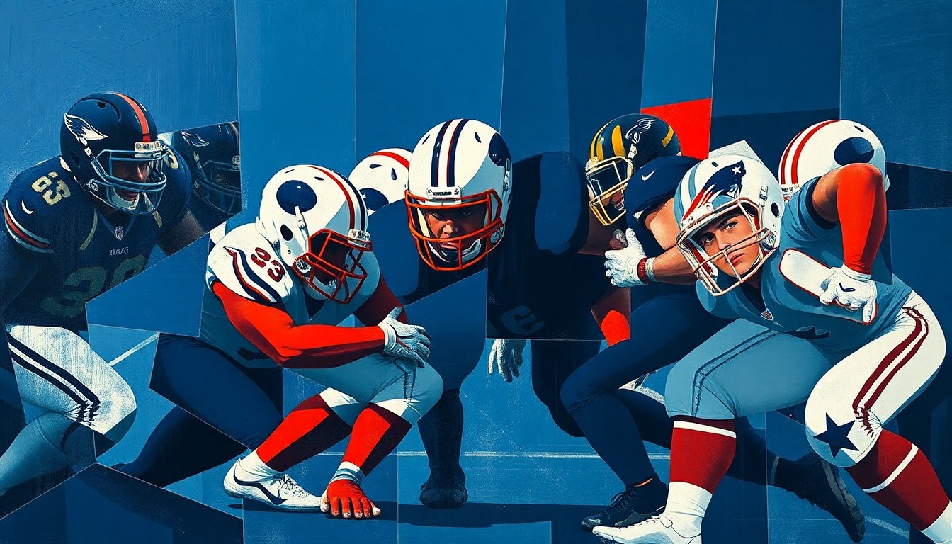A fractured, cubist-style painting depicting the abstract shapes and planes of a football offensive line, with sharp geometric forms in navy, red, and white representing the players and their movements.