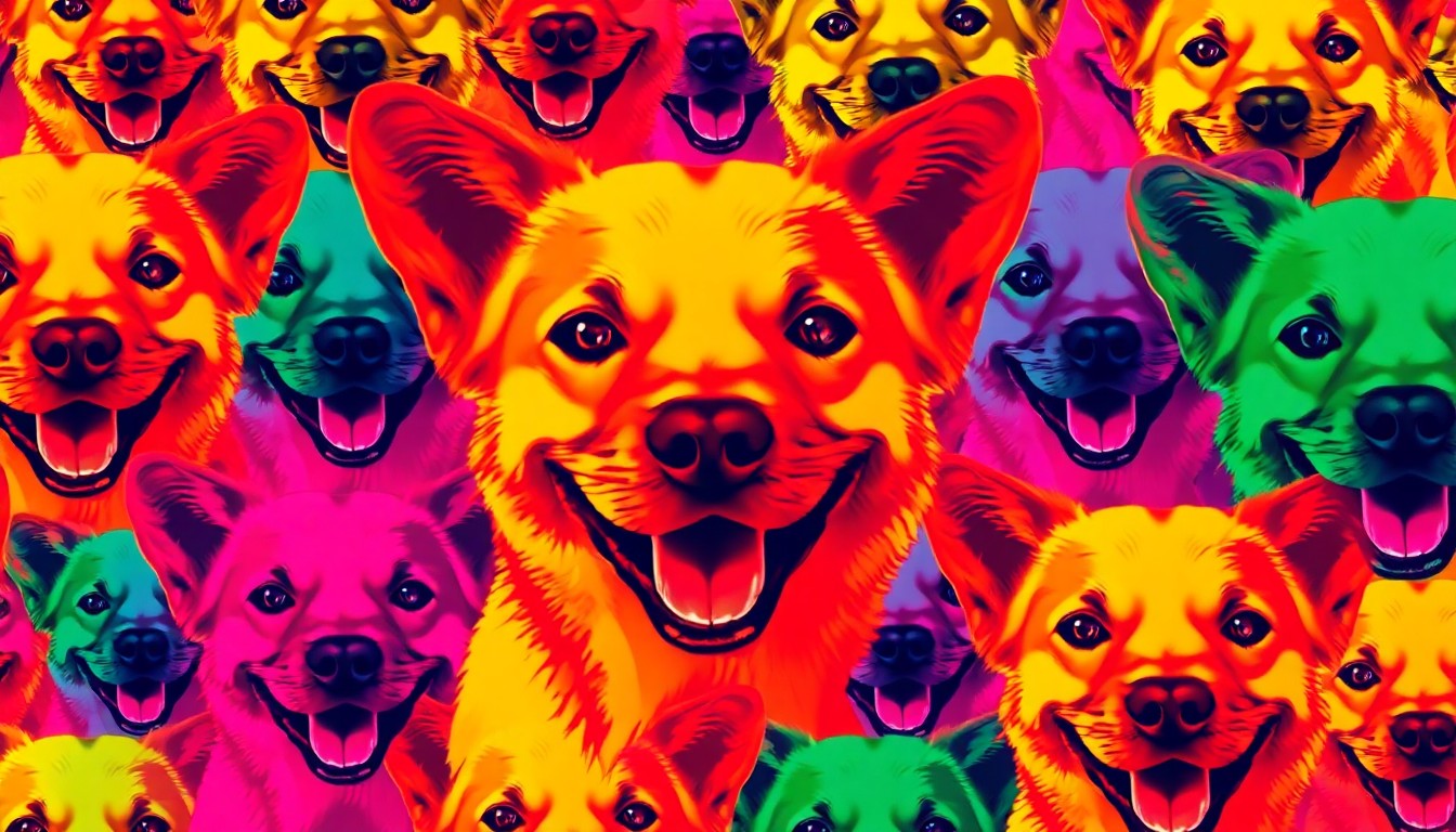 A stylized, pop art-inspired illustration of a smiling dog's face repeated in a grid pattern, capturing the vibrant and playful atmosphere of the new Pet Play House business.