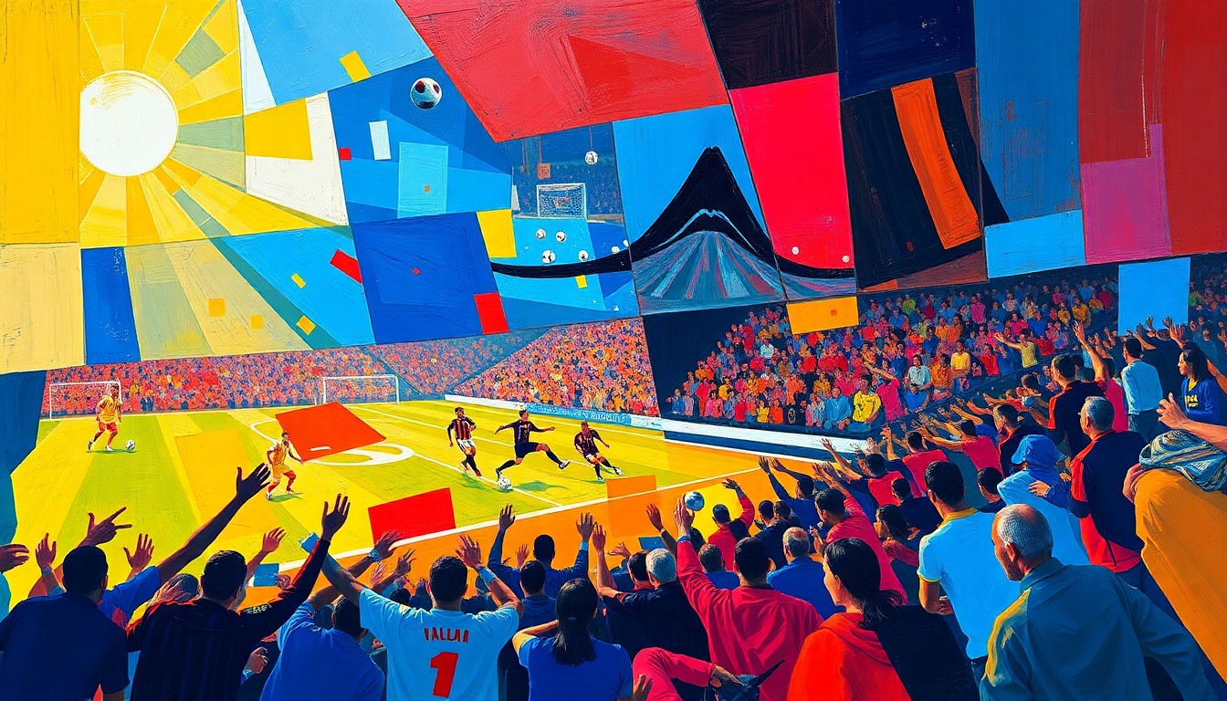 A fragmented, geometric painting in bold blues, reds, and yellows depicting the action and movement of a soccer match or celebration, conceptually representing the multicultural spirit of the event.