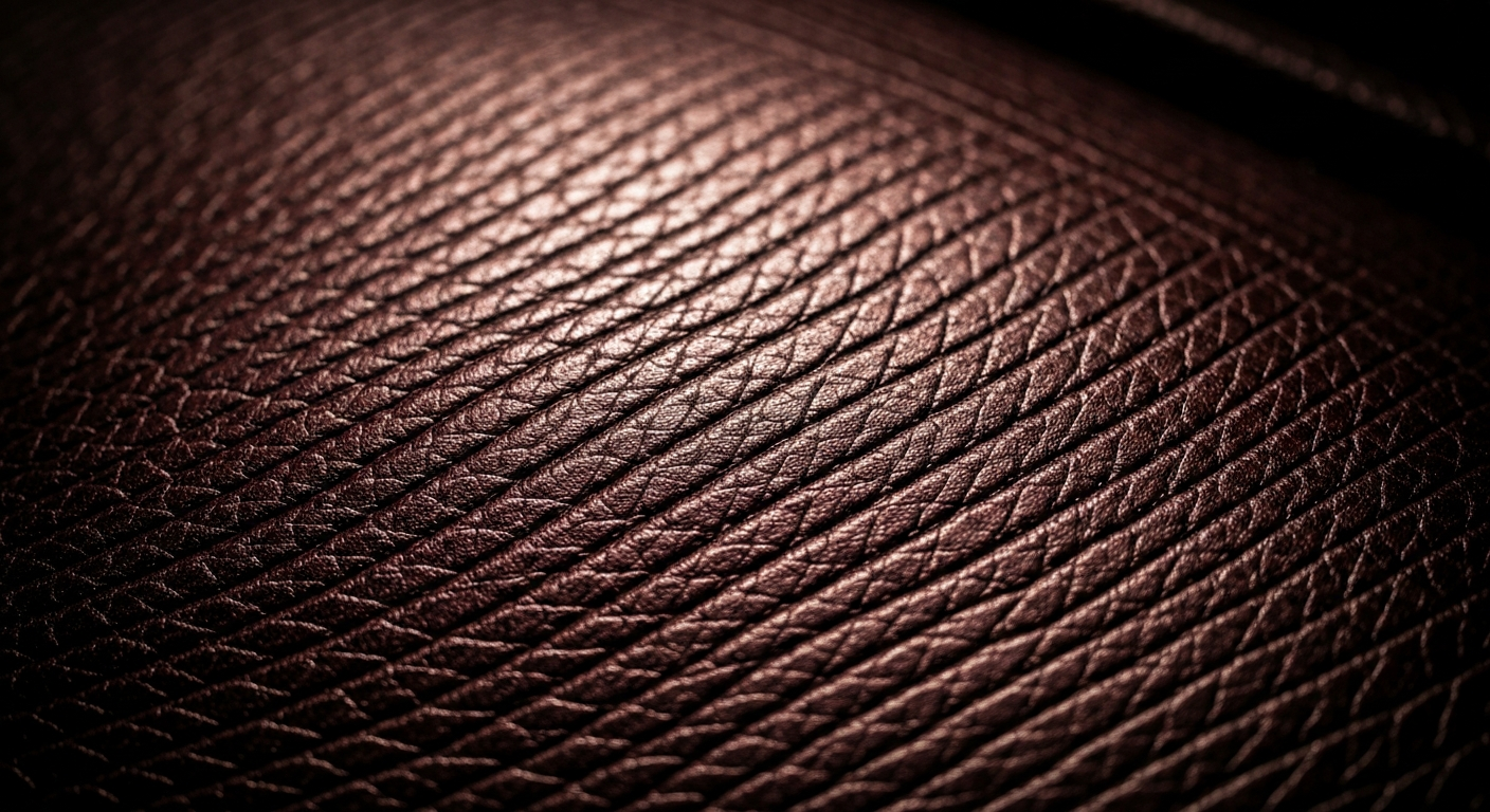 An extreme close-up photograph showcasing the detailed texture and vibrant colors of an automotive material, such as pebbled leather or woven mesh, captured in a dramatic lighting style.