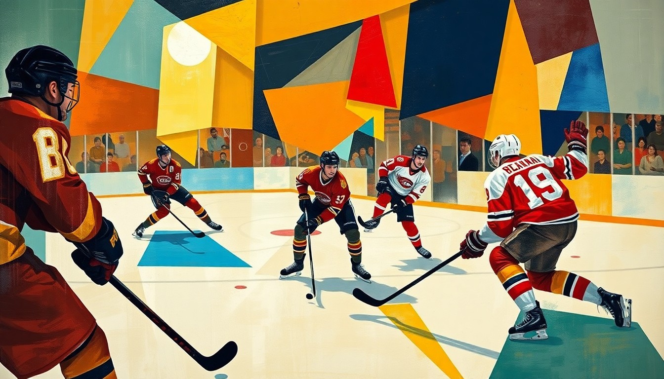 A fragmented, cubist-style painting depicting the abstract forms of hockey players in motion, with sharp geometric shapes and planes of vibrant colors representing the dynamic action of the game.